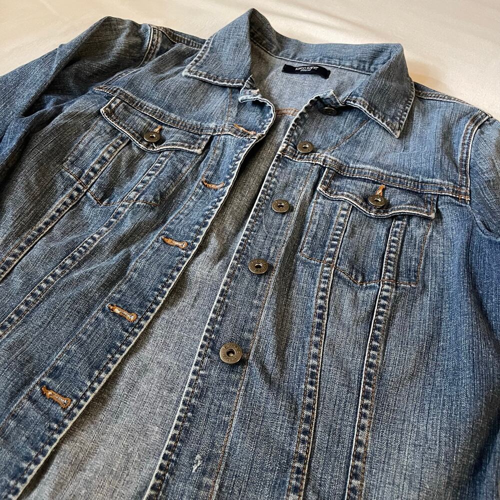 Karen Kane Denim Women’s Large Blue Jean Jacket Stretch Fitted Y2K